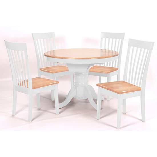 Larkin Wooden Dining Set In White With 4 Light Oak Chairs