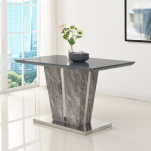 Melange Marble Effect Small Glass Top Gloss Dining Table In Grey