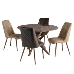Dutton Marble Effect Glass Dining Table 4 Aalya Brown Chairs